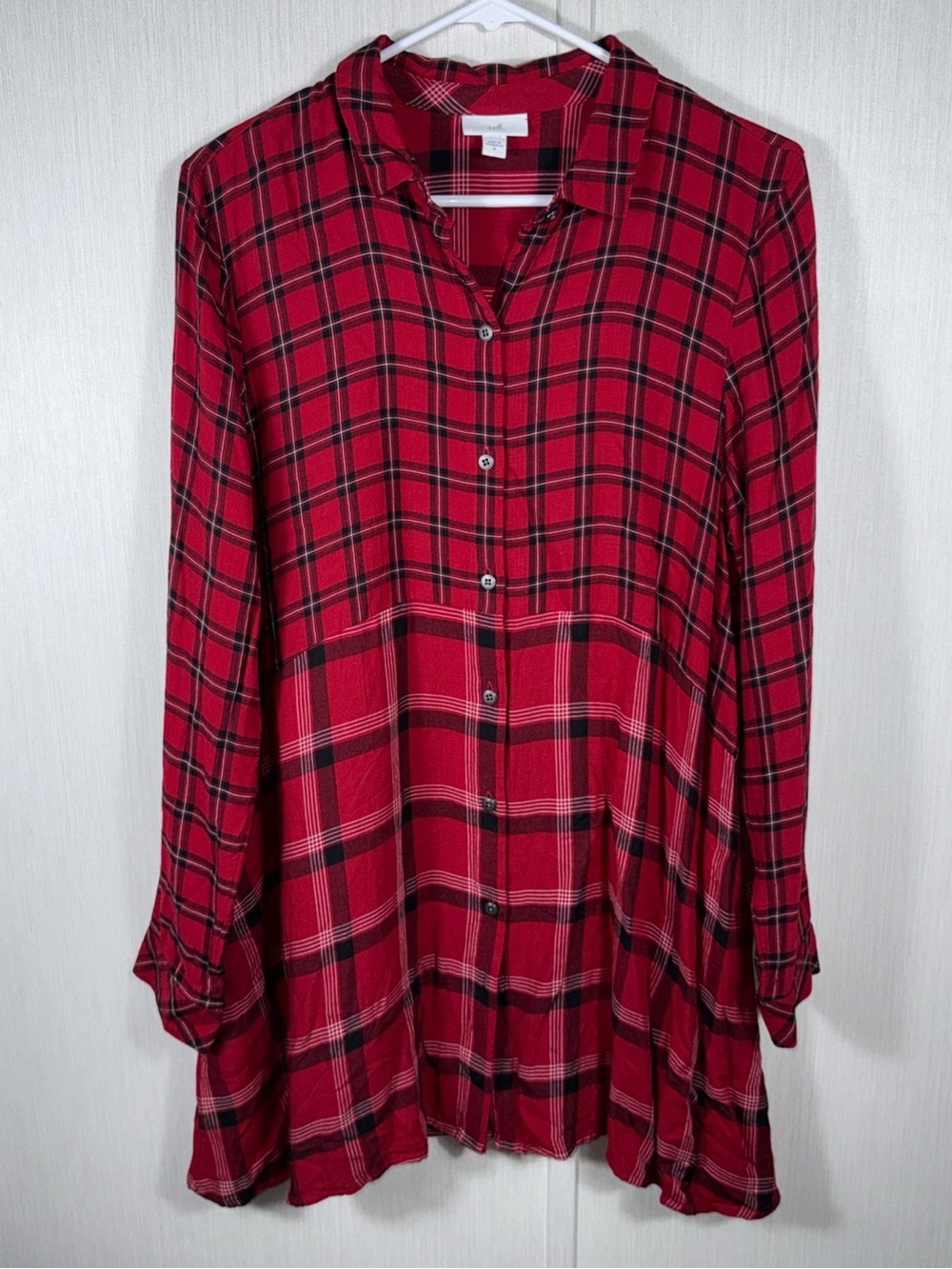 J Jill Women Dress M Red Plaid Button Front Long Sleeve Shirt Dress Pockets